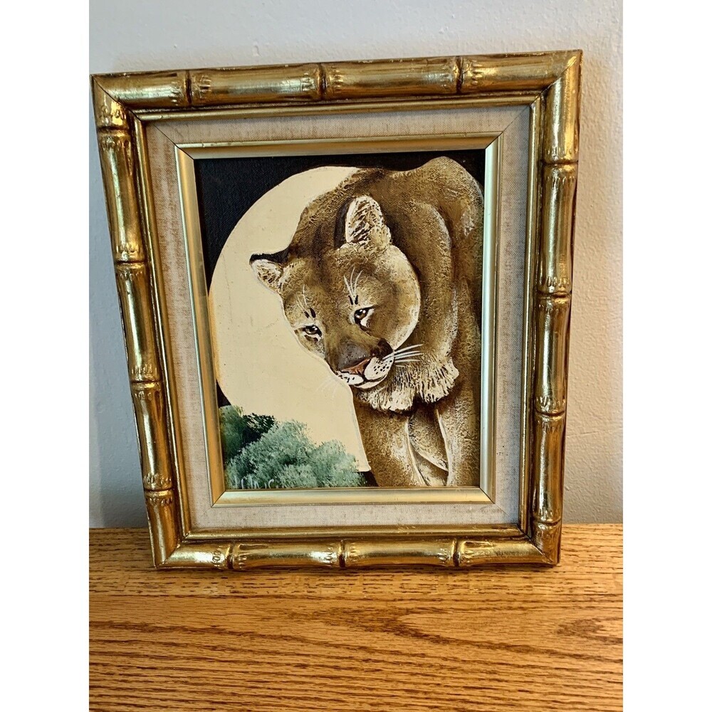 Frank walcott Oil Painting Mountain Lion VTG Wood 70 80 Bamboo Gold Frame Signed